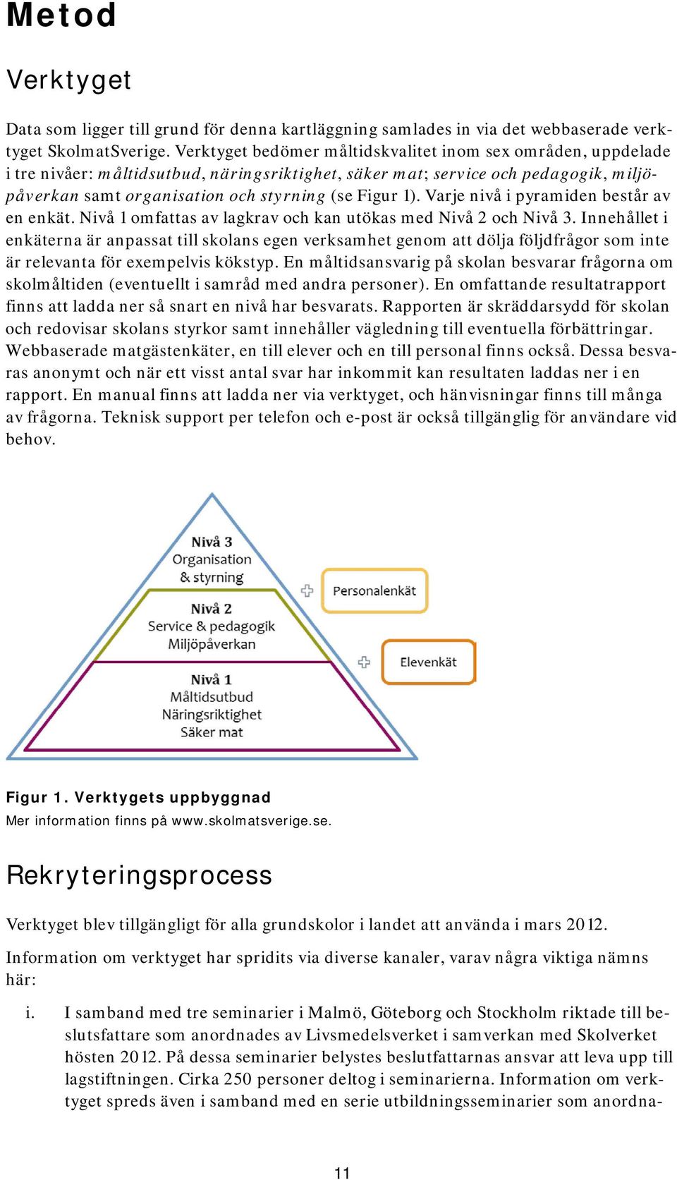 Varje nivå i pyramiden består av en enkät. Nivå 1 omfattas av lagkrav och kan utökas med Nivå 2 och Nivå 3.