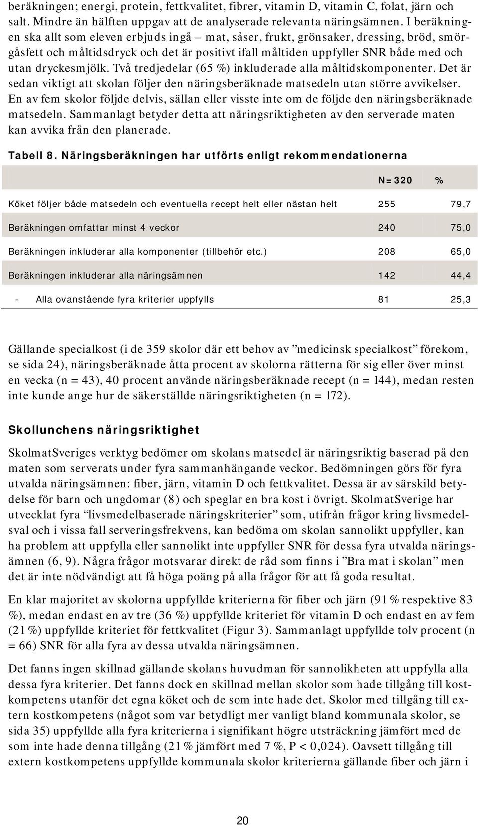 dryckesmjölk. Två tredjedelar (65 %) inkluderade alla måltidskomponenter. Det är sedan viktigt att skolan följer den näringsberäknade matsedeln utan större avvikelser.