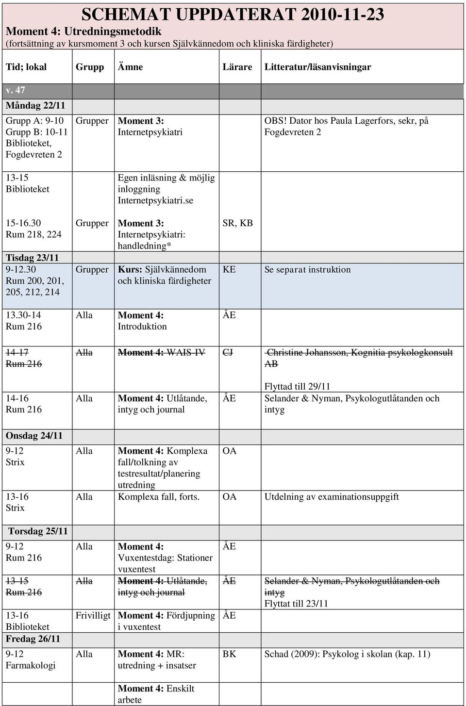 30-14 Introduktion 14-17 WAIS-IV CJ Christine Johansson, Kognitia psykologkonsult AB 14-16 Utlåtande, intyg och journal Flyttad till 29/11 Selander & Nyman, Psykologutlåtanden och intyg Onsdag 24/11