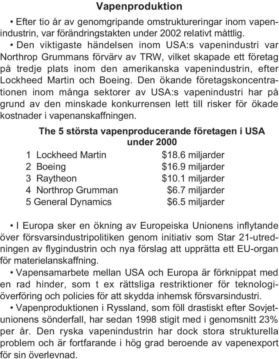 Boeing. Den ökande företagskoncentrationen inom många sektorer av USA:s vapenindustri har på grund av den minskade konkurrensen lett till risker för ökade kostnader i vapenanskaffningen.