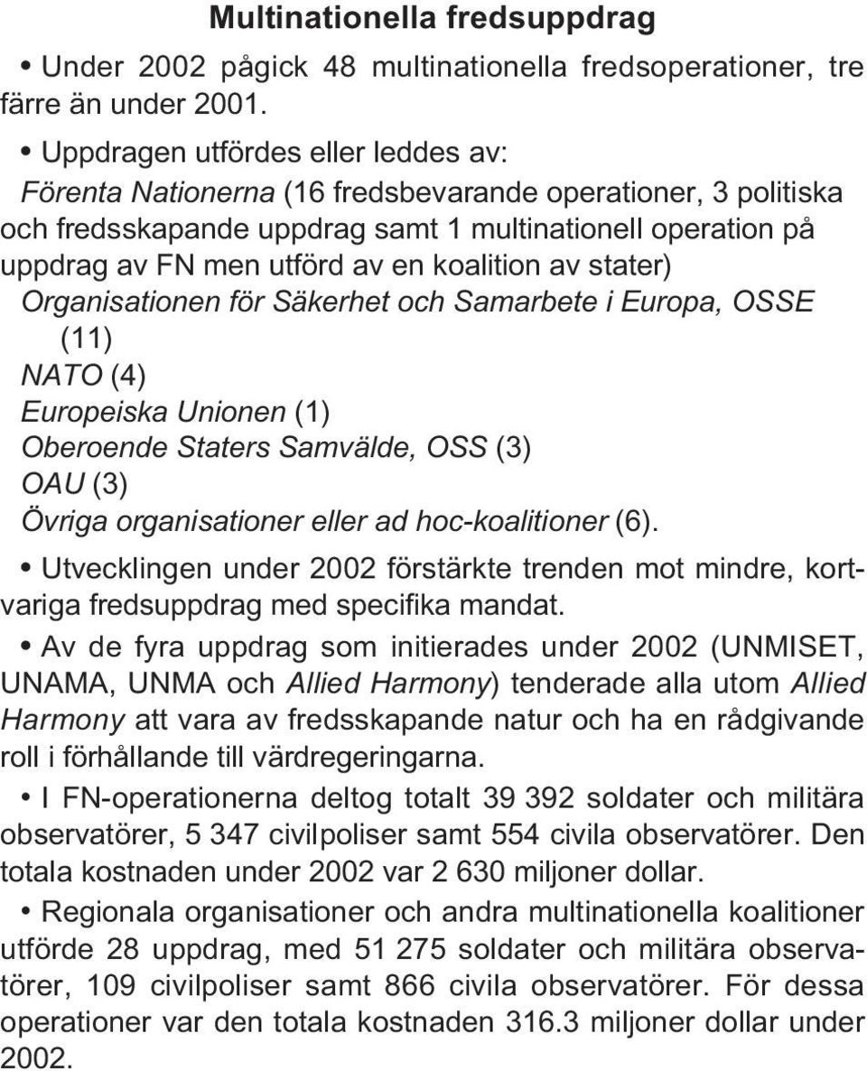 koalition av stater) Organisationen för Säkerhet och Samarbete i Europa, OSSE (11) NATO (4) Europeiska Unionen (1) Oberoende Staters Samvälde, OSS (3) OAU (3) Övriga organisationer eller ad