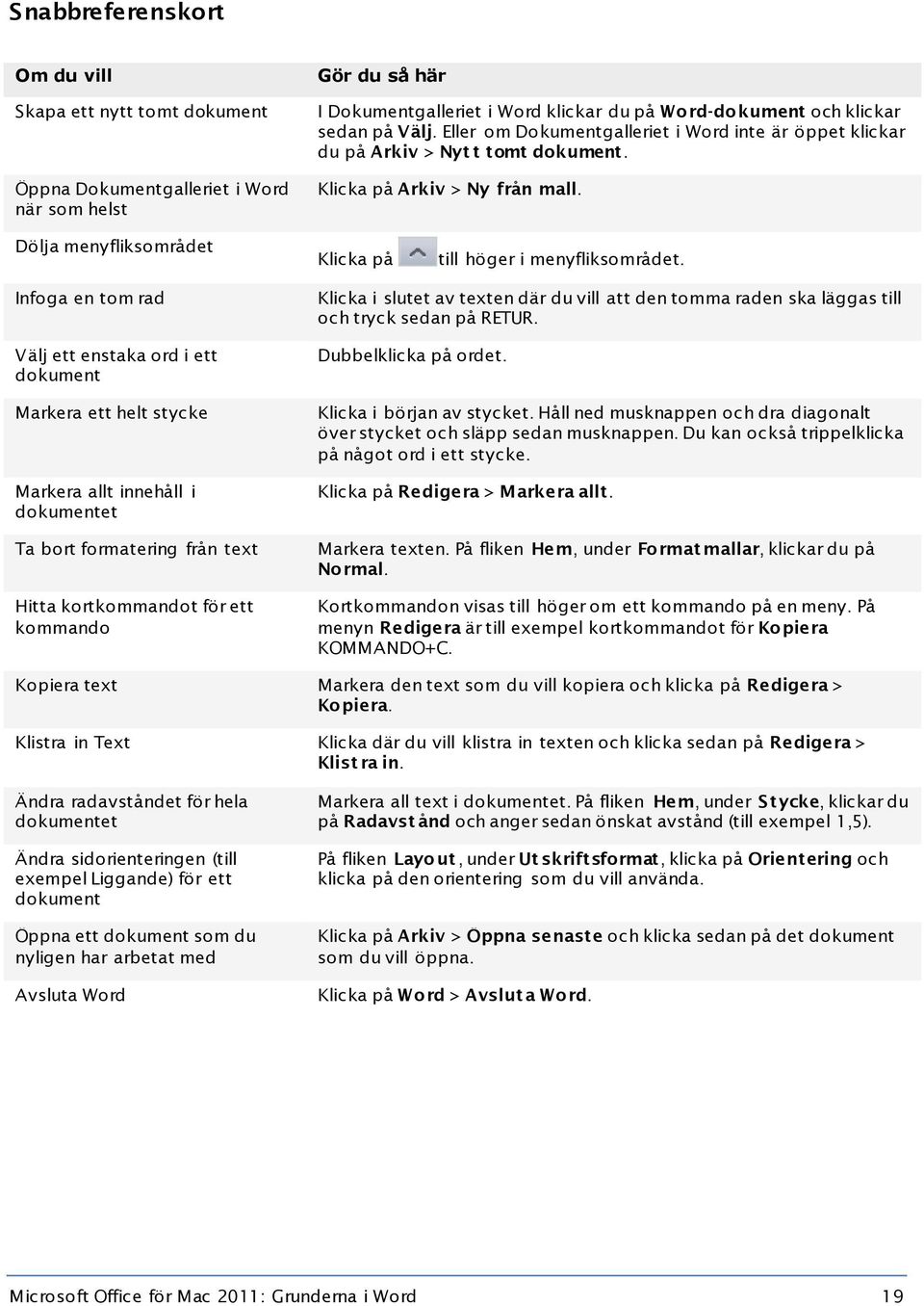 Infoga en tom rad Välj ett enstaka ord i ett dokument Markera ett helt stycke Markera allt innehåll i dokumentet Ta bort formatering från text Hitta kortkommandot för ett kommando Klicka i slutet av