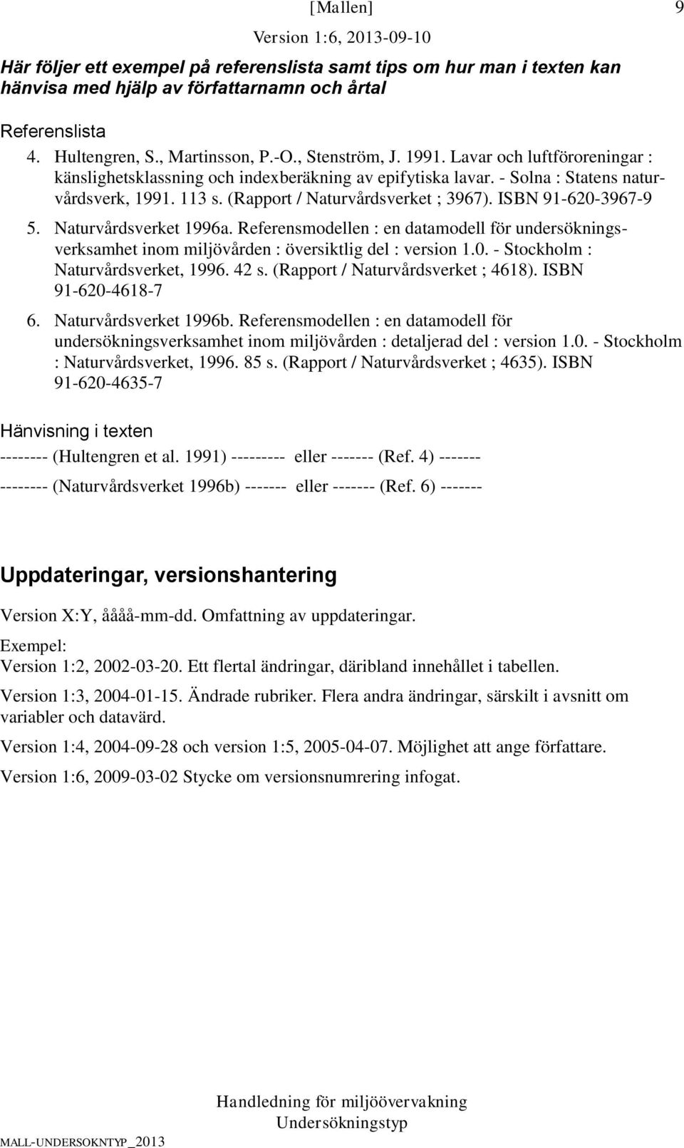 Naturvårdsverket 1996a. Referensmodellen : en datamodell för undersökningsverksamhet inom miljövården : översiktlig del : version 1.0. - Stockholm : Naturvårdsverket, 1996. 42 s.