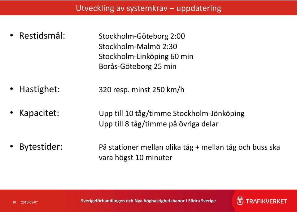 minst 250 km/h Upp till 10 tåg/timme Stockholm-Jönköping Upp till 8 tåg/timme på övriga delar På stationer