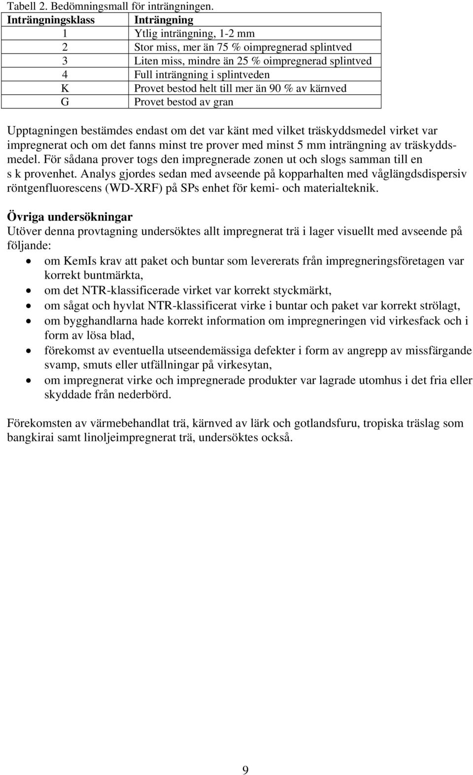 bestod helt till mer än 90 % av kärnved G Provet bestod av gran Upptagningen bestämdes endast om det var känt med vilket träskyddsmedel virket var impregnerat och om det fanns minst tre prover med