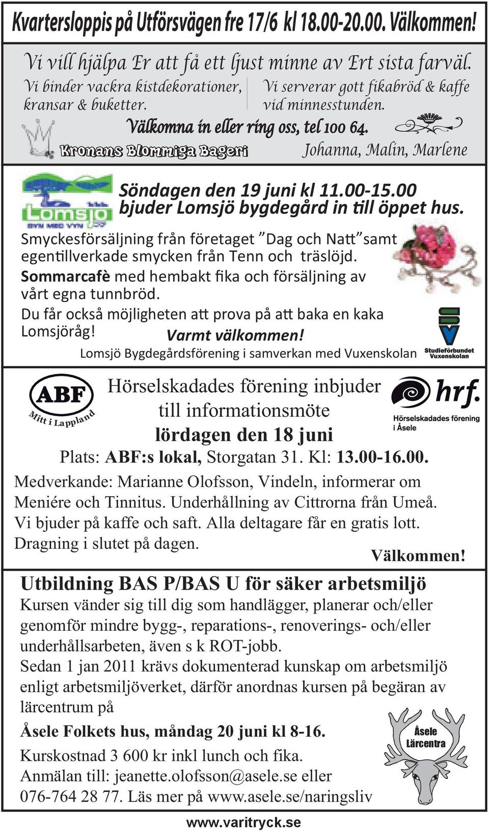 se Johanna, Malin, Marlene Söndagen den 19 juni kl 11.00-15.00 bjuder Lomsjö bygdegård in ll öppet hus. Smyckesförsäljning från företaget Dag och Na samt egen llverkade smycken från Tenn och träslöjd.