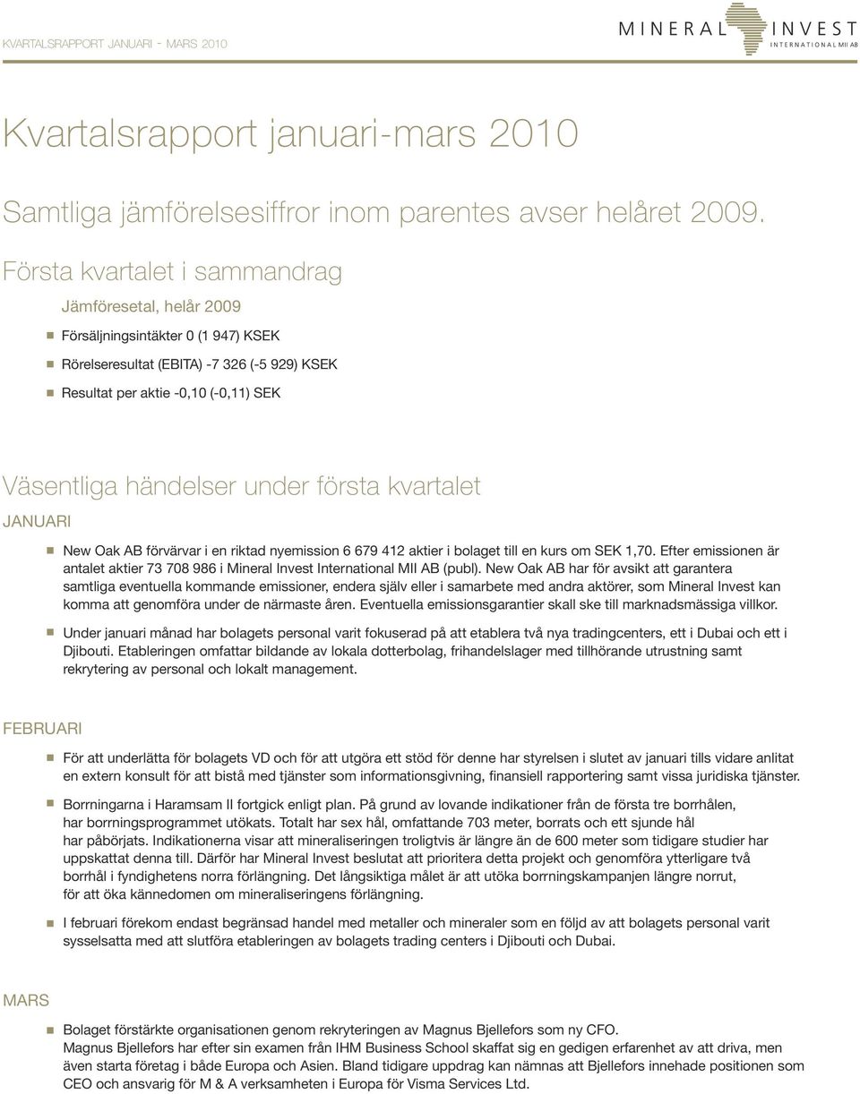 första kvartalet JANUARI New Oak AB förvärvar i en riktad nyemission 6 679 412 aktier i bolaget till en kurs om SEK 1,70.