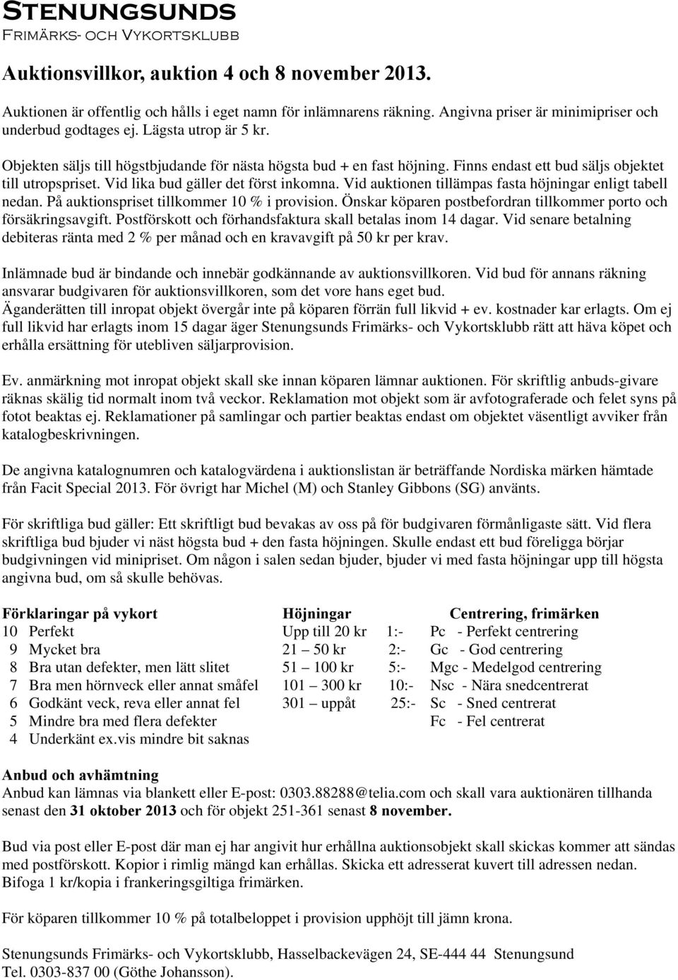 Finns endast ett bud säljs objektet till utropspriset. Vid lika bud gäller det först inkomna. Vid auktionen tillämpas fasta höjningar enligt tabell nedan.