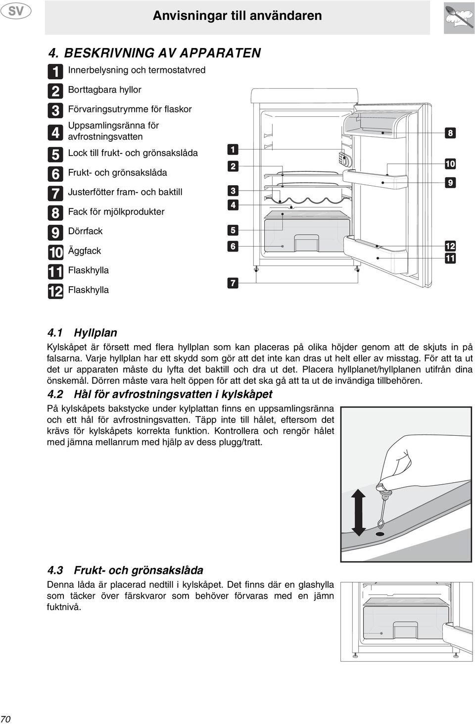 1 Hyllplan Kylskåpet är försett med flera hyllplan som kan placeras på olika höjder genom att de skjuts in på falsarna.