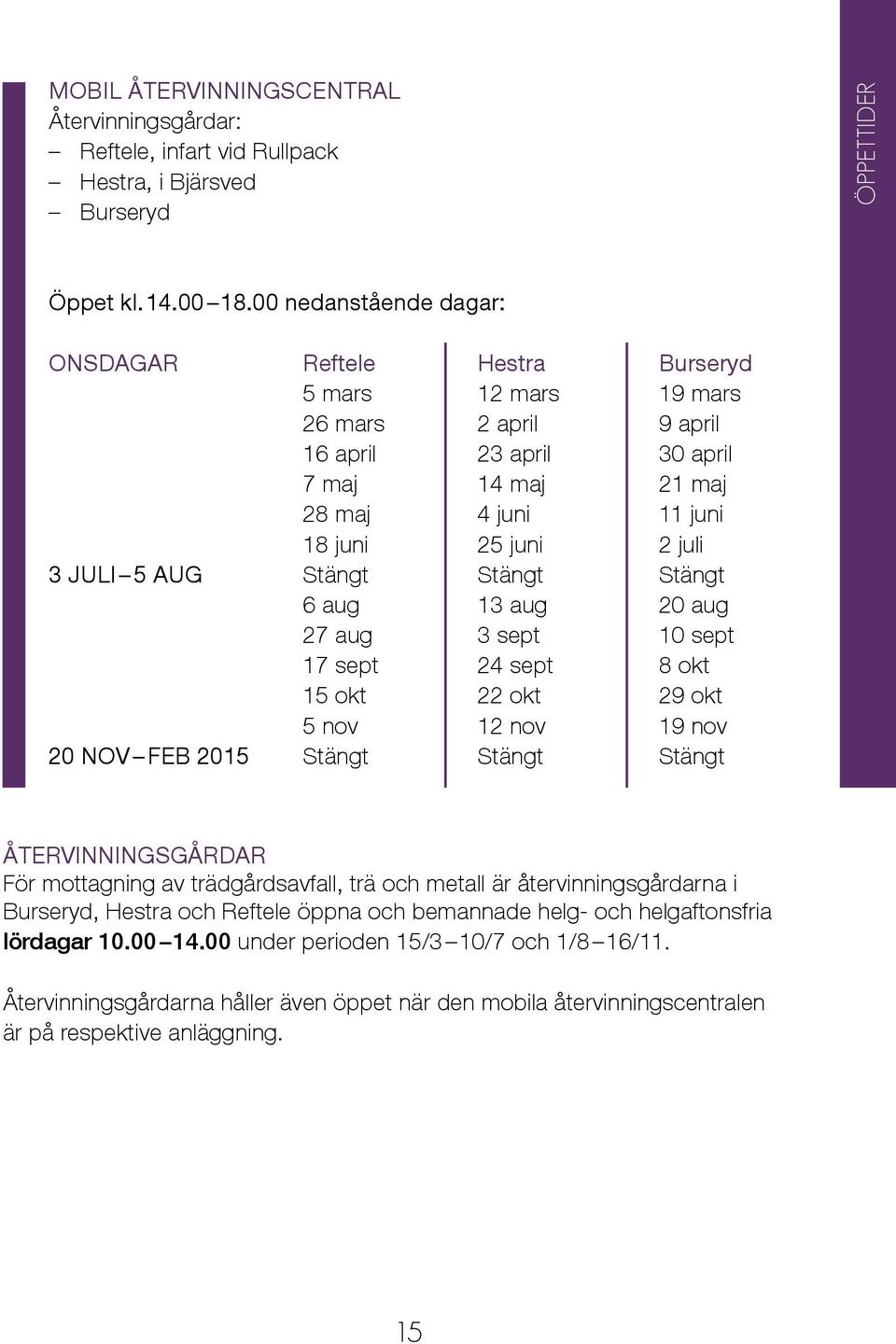 JULI 5 AUG Stängt Stängt Stängt 6 aug 13 aug 20 aug 27 aug 3 sept 10 sept 17 sept 24 sept 8 okt 15 okt 22 okt 29 okt 5 nov 12 nov 19 nov 20 NOV FEB 2015 Stängt Stängt Stängt ÅTERVINNINGSGÅRDAR För