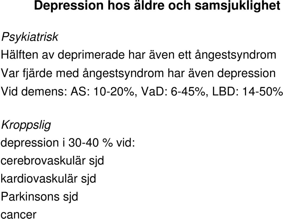 depression Vid demens: AS: 10-20%, VaD: 6-45%, LBD: 14-50% Kroppslig