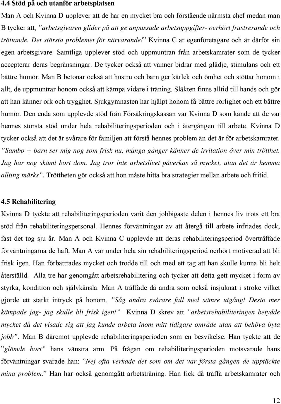 Samtliga upplever stöd och uppmuntran från arbetskamrater som de tycker accepterar deras begränsningar. De tycker också att vänner bidrar med glädje, stimulans och ett bättre humör.