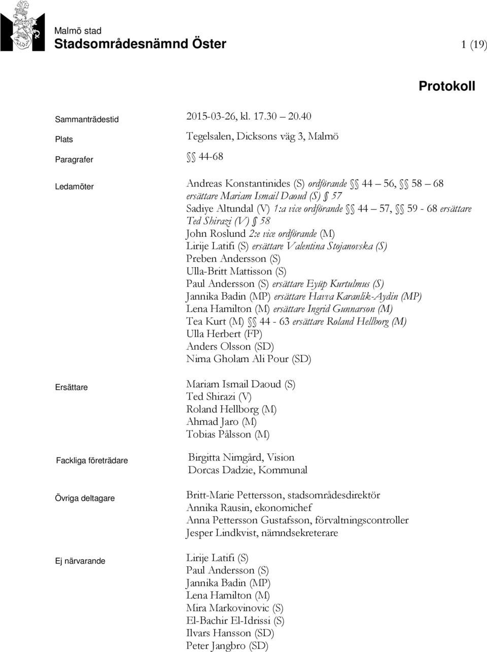 ordförande 44 57, 59-68 ersättare Ted Shirazi (V) 58 John Roslund 2:e vice ordförande (M) Lirije Latifi (S) ersättare Valentina Stojanovska (S) Preben Andersson (S) Ulla-Britt Mattisson (S) Paul