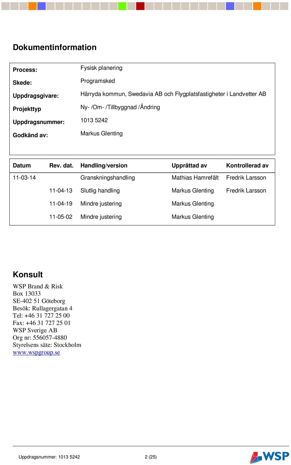 Handling/version Upprättad av Kontrollerad av 11-03-14 Granskningshandling Mathias Hamrefält Fredrik Larsson 11-04-13 Slutlig handling Markus Glenting Fredrik Larsson 11-04-19 Mindre