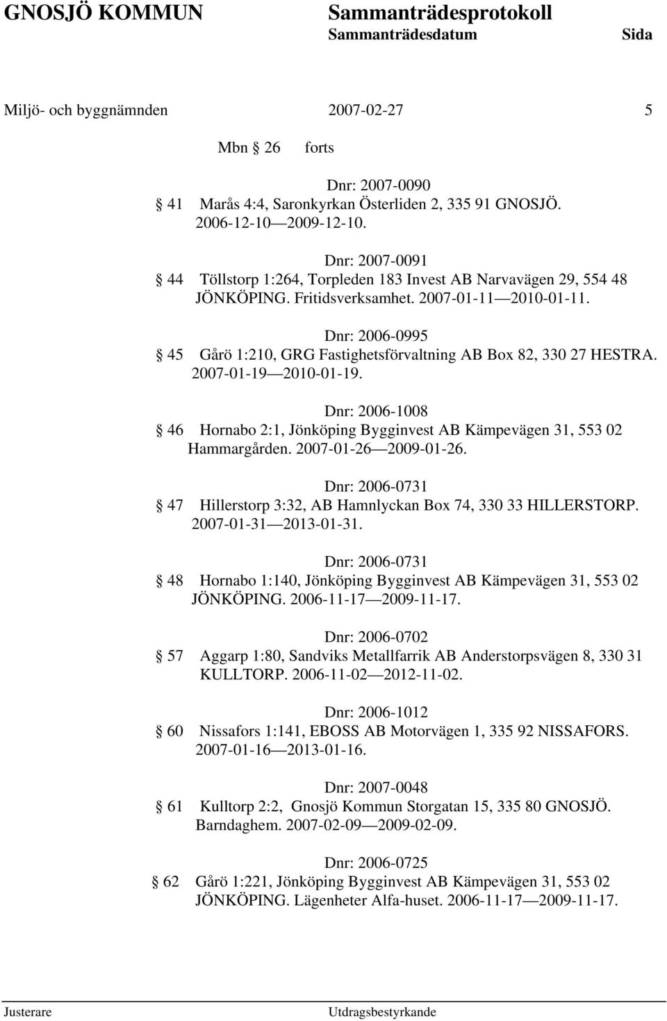 Dnr: 2006-0995 45 Gårö 1:210, GRG Fastighetsförvaltning AB Box 82, 330 27 HESTRA. 2007-01-19 2010-01-19. Dnr: 2006-1008 46 Hornabo 2:1, Jönköping Bygginvest AB Kämpevägen 31, 553 02 Hammargården.