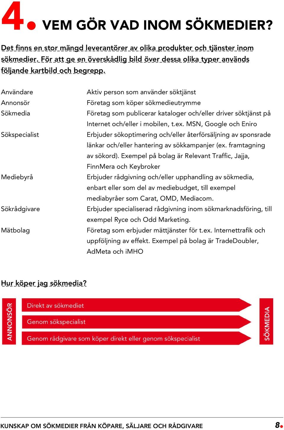 Användare Annonsör Sökmedia Sökspecialist Mediebyrå Sökrådgivare Mätbolag Aktiv person som använder söktjänst Företag som köper sökmedieutrymme Företag som publicerar kataloger och/eller driver