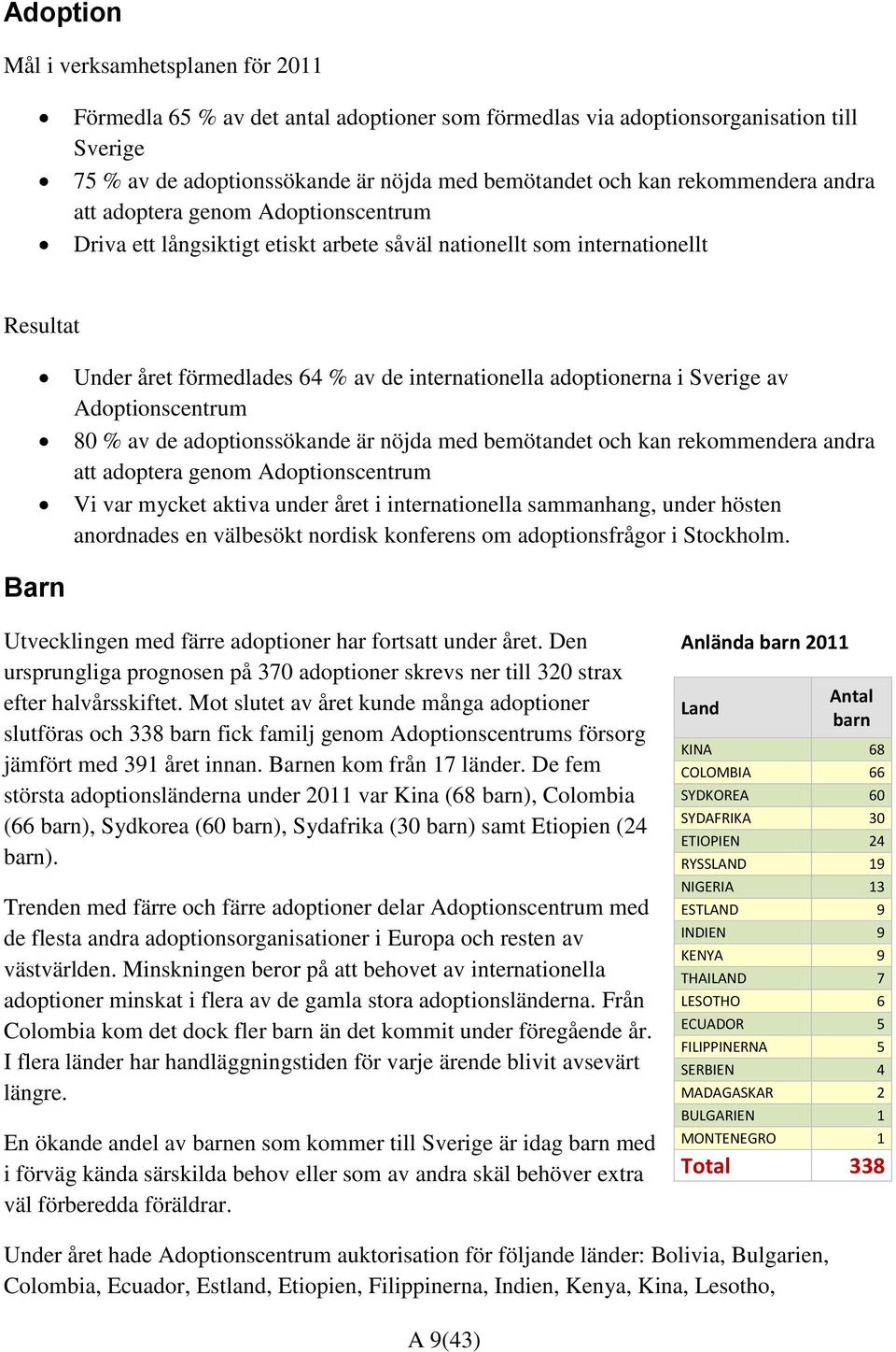 i Sverige av Adoptionscentrum 80 % av de adoptionssökande är nöjda med bemötandet och kan rekommendera andra att adoptera genom Adoptionscentrum Vi var mycket aktiva under året i internationella