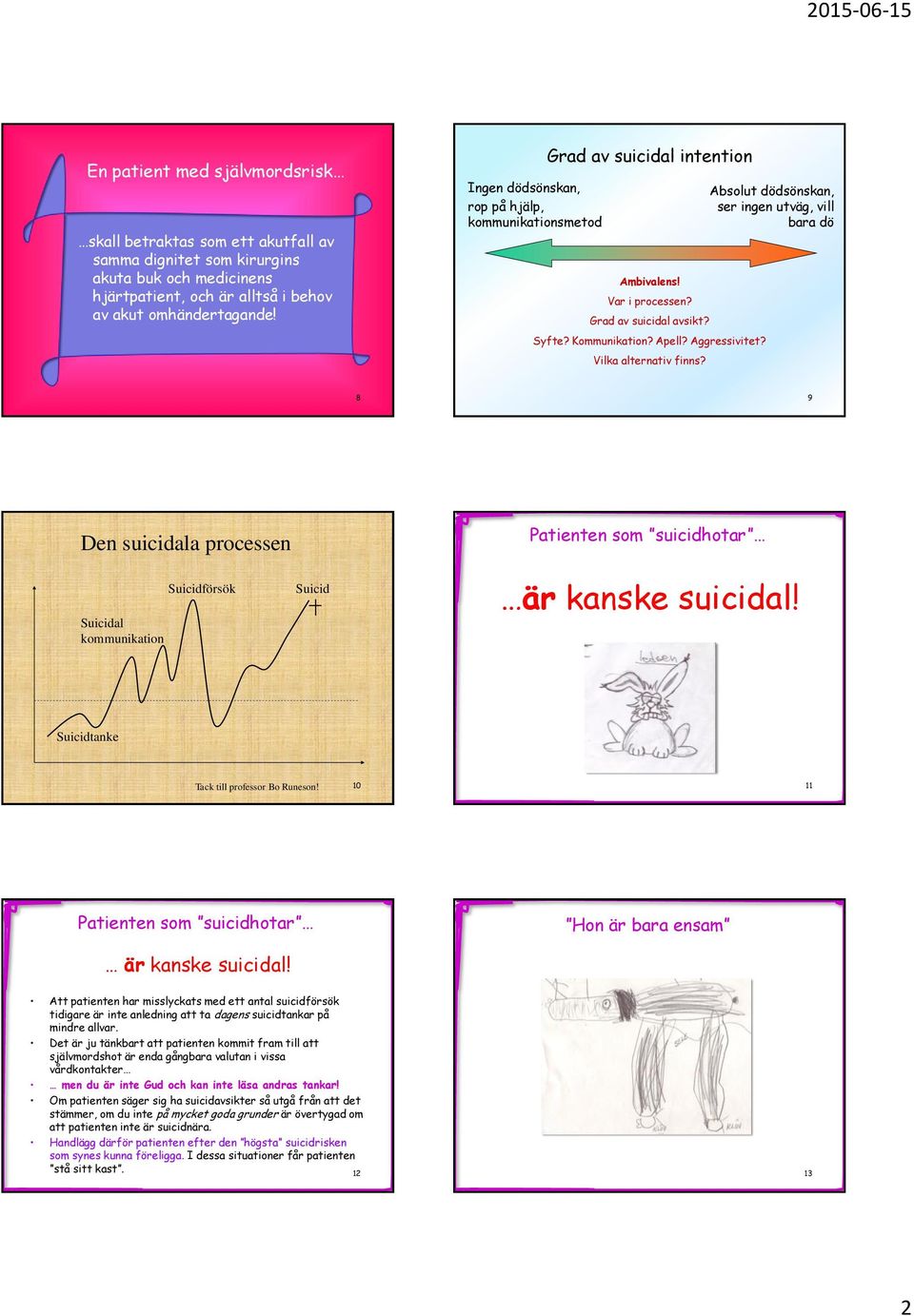 Absolut dödsönskan, ser ingen utväg, vill bara dö 8 9 Den suicidala processen Suicidal kommunikation Suicidförsök Suicid Patienten som suicidhotar är kanske suicidal!