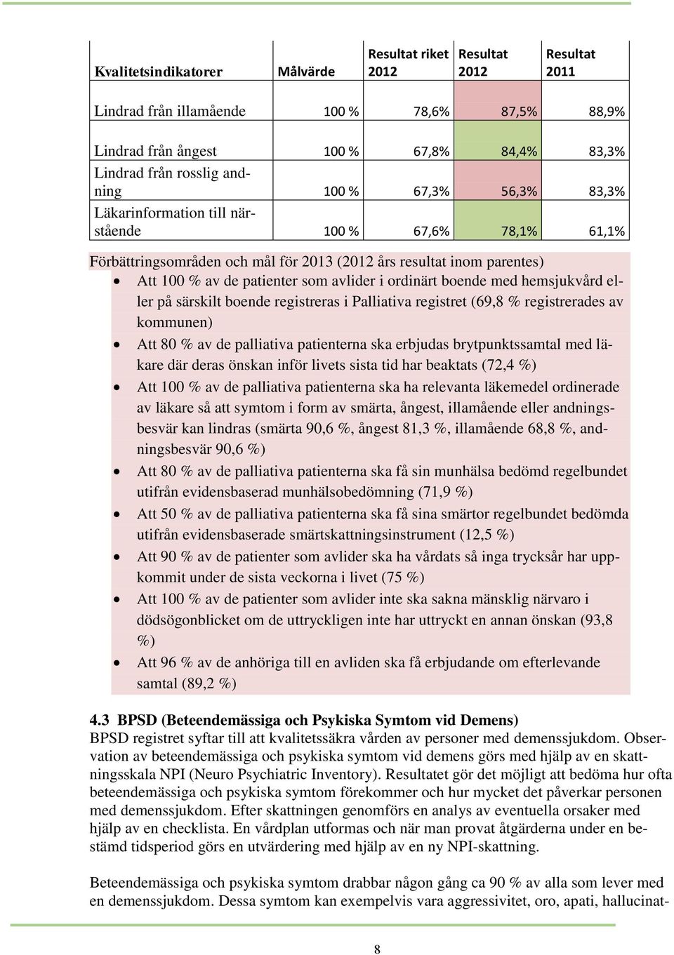 ordinärt boende med hemsjukvård eller på särskilt boende registreras i Palliativa registret (69,8 % registrerades av kommunen) Att 80 % av de palliativa patienterna ska erbjudas brytpunktssamtal med