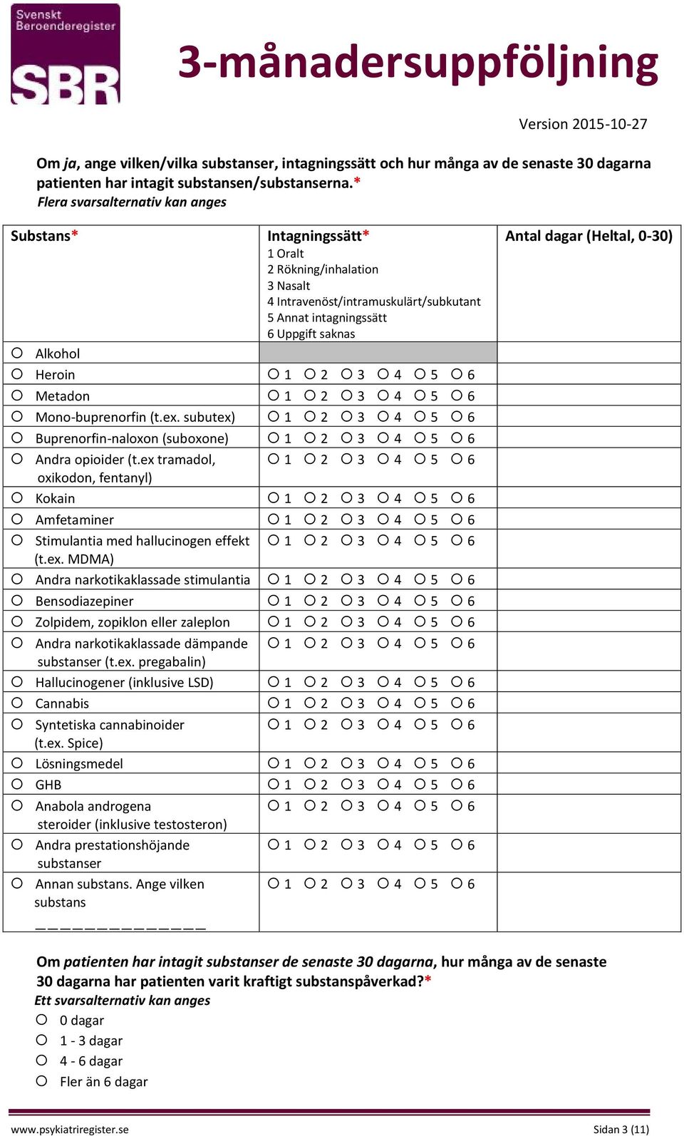 subutex) Buprenorfin-naloxon (suboxone) Andra opioider (t.ex tramadol, oxikodon, fentanyl) Kokain Amfetaminer Stimulantia med hallucinogen effekt (t.ex. MDMA) Andra narkotikaklassade stimulantia Bensodiazepiner Zolpidem, zopiklon eller zaleplon Andra narkotikaklassade dämpande substanser (t.