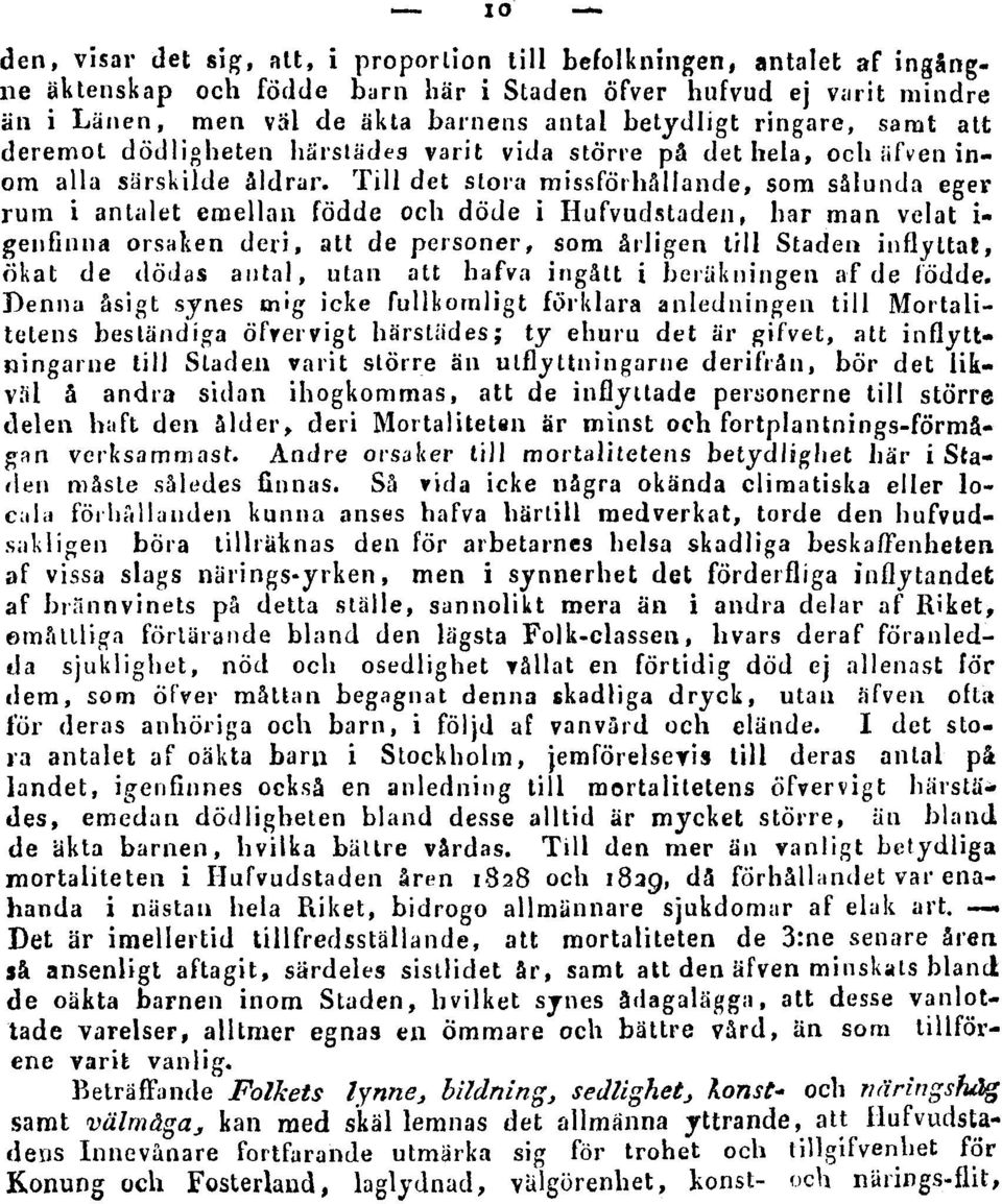 Till det stora missförhållande, som sålunda eger rum i antalet emellan födde och döde i Hufvudstaden, har man velat i- genfinna orsaken deri, att de personer, som årligen till Staden inflyttat, ökat