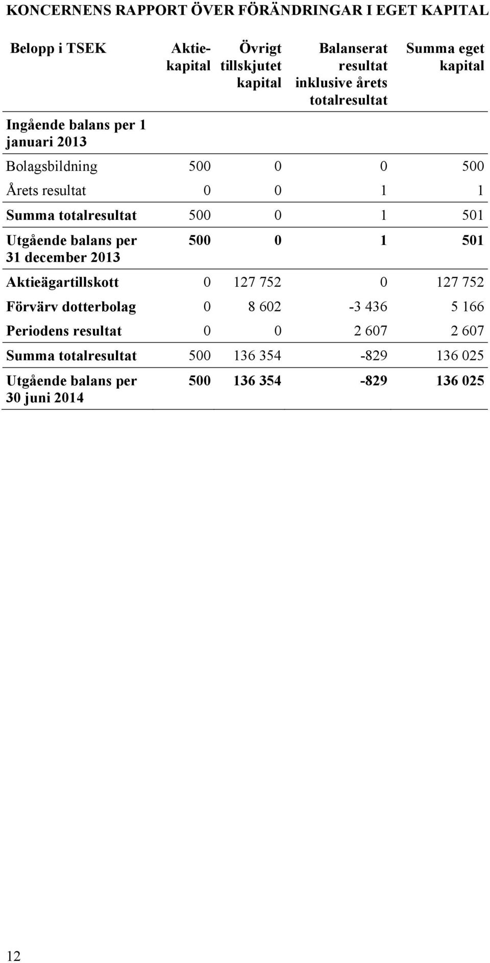 totalresultat 500 0 1 501 Utgående balans per 31 december 2013 500 0 1 501 Aktieägartillskott 0 127 752 0 127 752 Förvärv dotterbolag 0 8