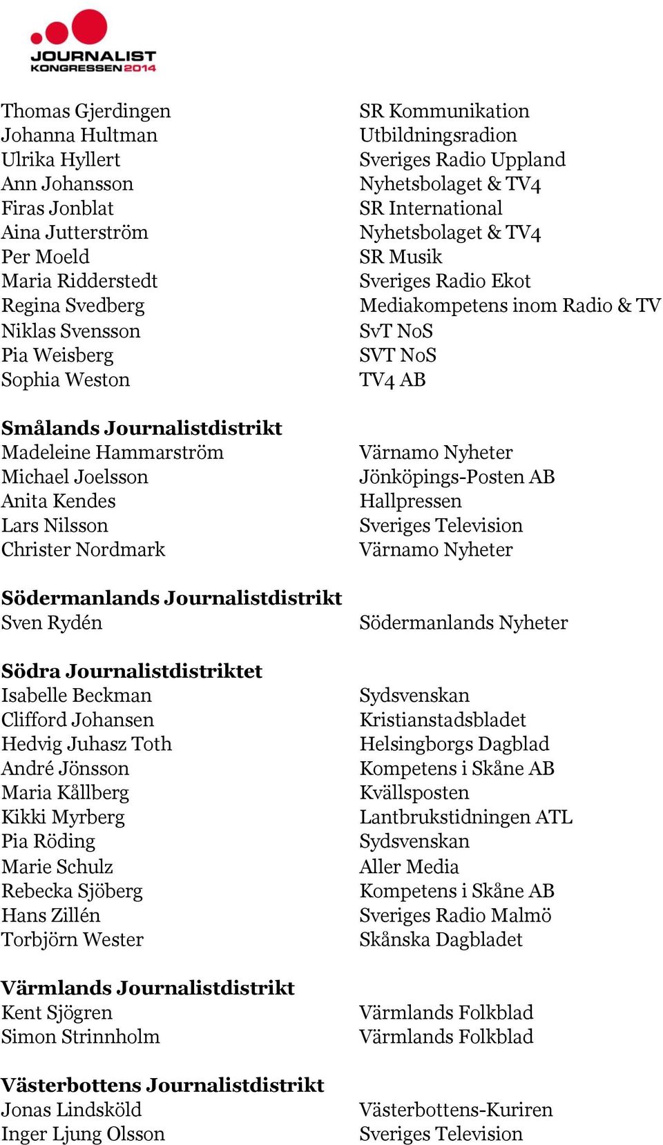 Johansen Hedvig Juhasz Toth André Jönsson Maria Kållberg Kikki Myrberg Pia Röding Marie Schulz Rebecka Sjöberg Hans Zillén Torbjörn Wester Värmlands Journalistdistrikt Kent Sjögren Simon Strinnholm