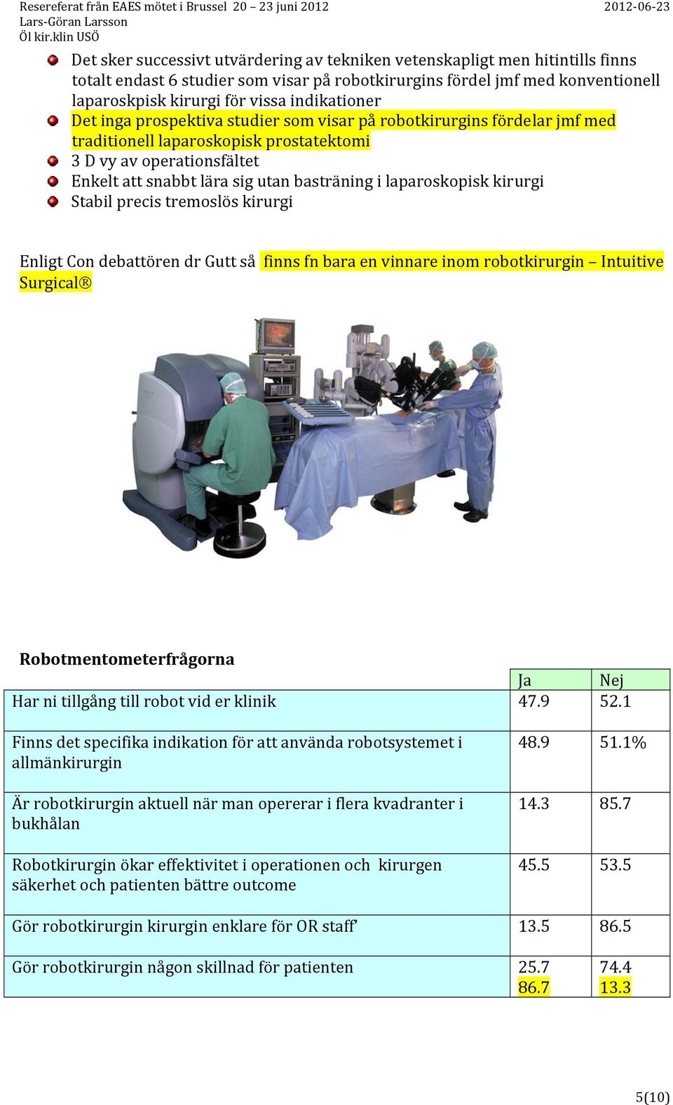 laparoskopisk kirurgi Stabil precis tremoslös kirurgi Enligt Con debattören dr Gutt så finns fn bara en vinnare inom robotkirurgin Intuitive Surgical Robotmentometerfrågorna Ja Nej Har ni tillgång