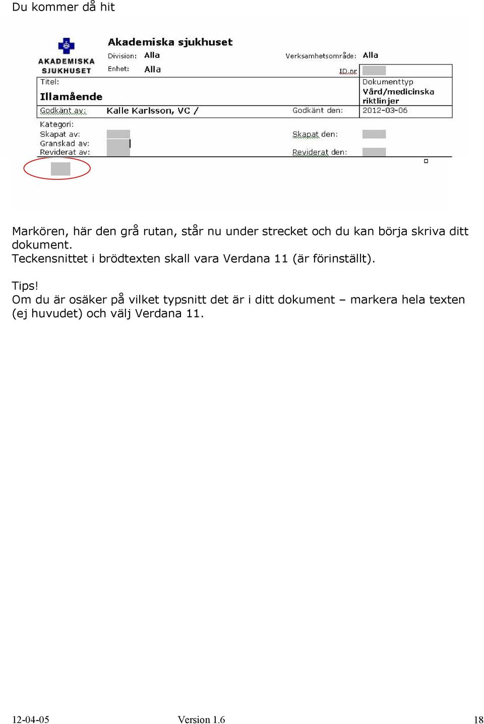 Teckensnittet i brödtexten skall vara Verdana 11 (är förinställt). Tips!