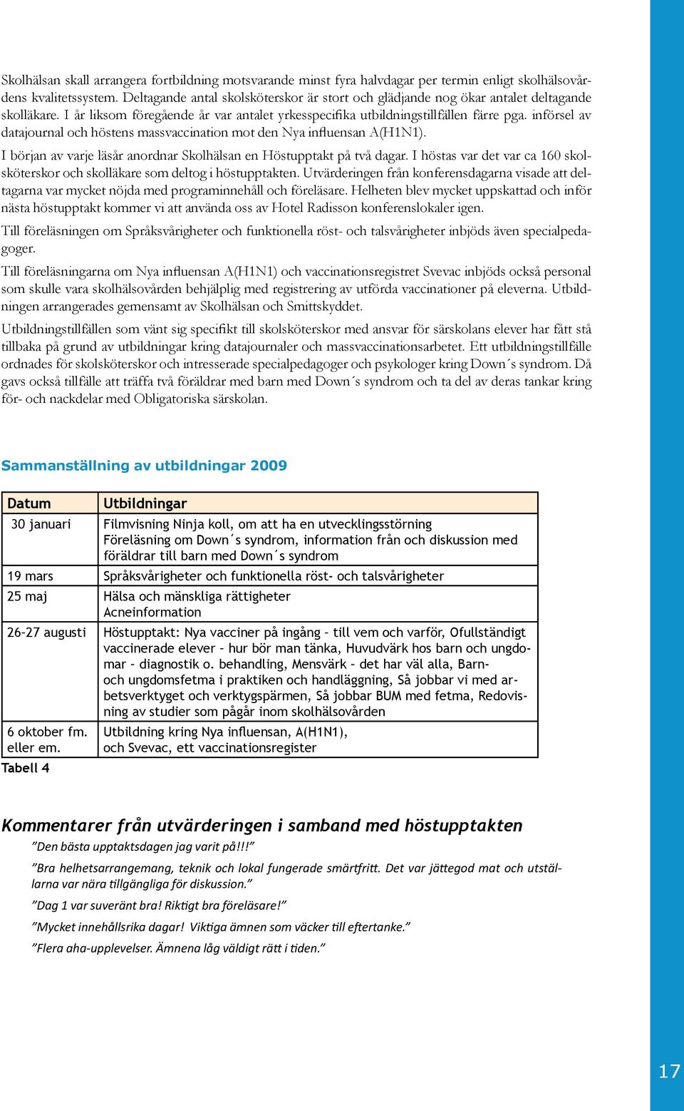 införsel av datajournal och höstens massvaccination mot den Nya influensan A(H1N1). I början av varje läsår anordnar Skolhälsan en Höstupptakt på två dagar.