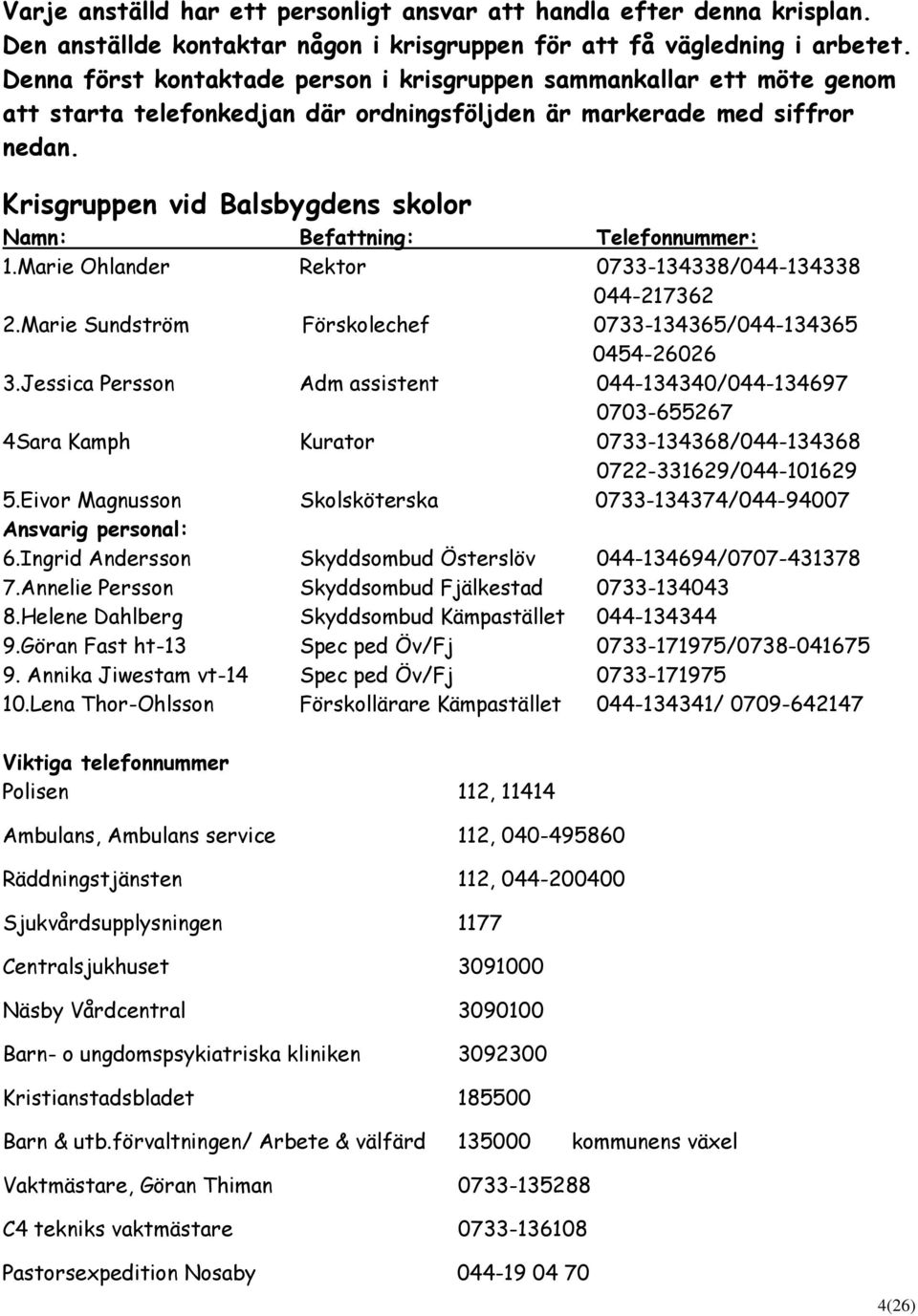 Krisgruppen vid Balsbygdens skolor Namn: Befattning: Telefonnummer: 1.Marie Ohlander Rektor 0733-134338/044-134338 044-217362 2.Marie Sundström Förskolechef 0733-134365/044-134365 0454-26026 3.