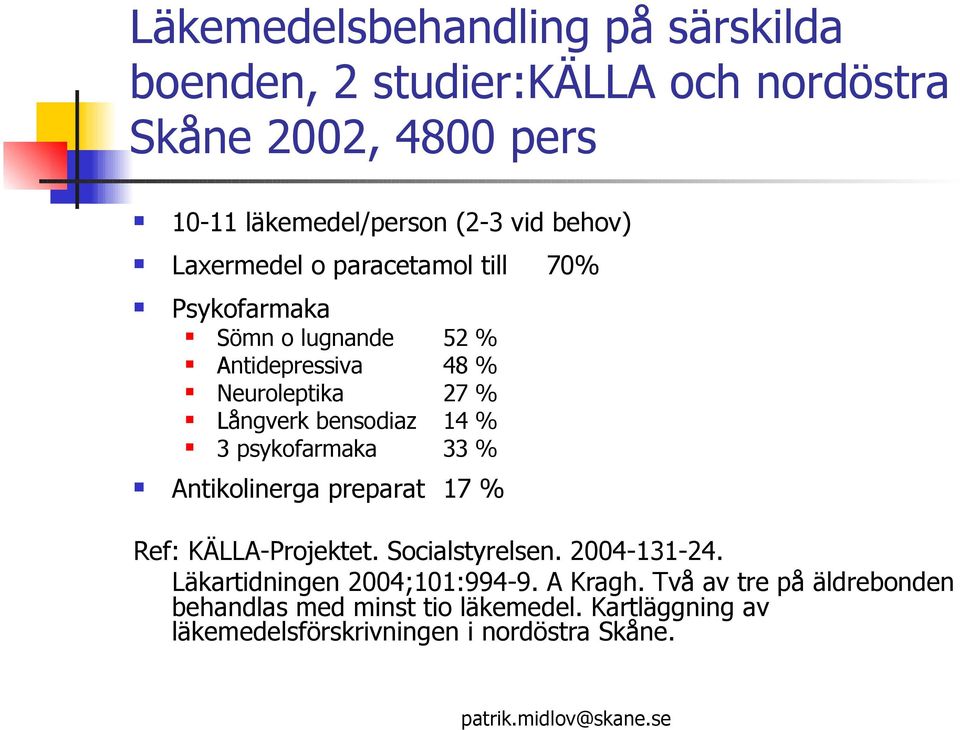 bensodiaz 14 % 3 psykofarmaka 33 % Antikolinerga preparat 17 % Ref: KÄLLA-Projektet. Socialstyrelsen. 2004-131-24.