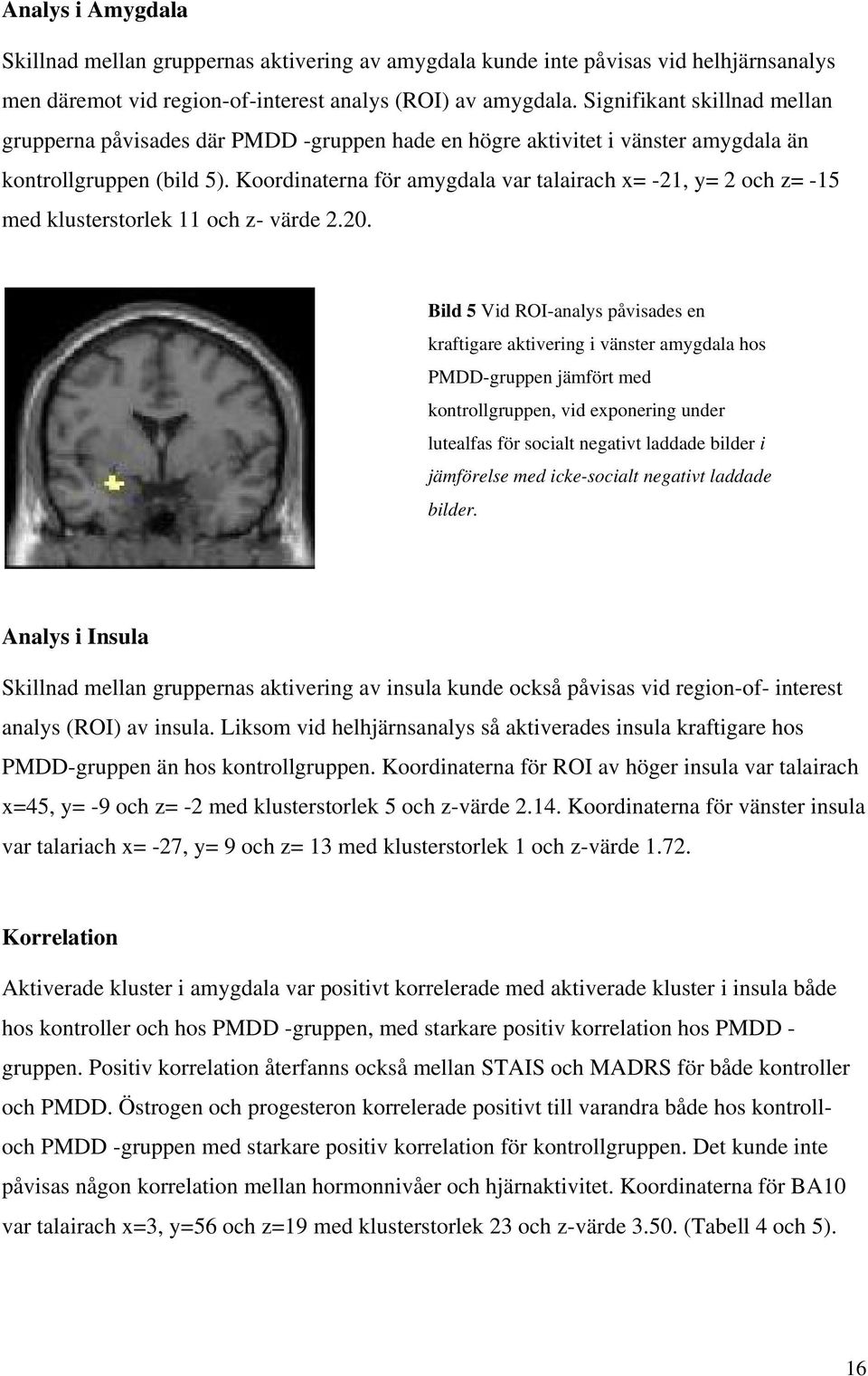 Koordinaterna för amygdala var talairach x= -21, y= 2 och z= -15 med klusterstorlek 11 och z- värde 2.20.