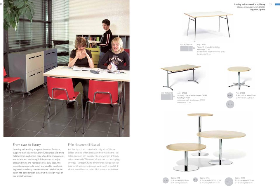120 Aktiv OP850 Ø 90 / 120 cm, height 72 cm Ø 90 / 120 cm, höjd 72 cm From class to library Från klassrum till läsesal Learning and teaching are great fun when furniture supports their objectives.