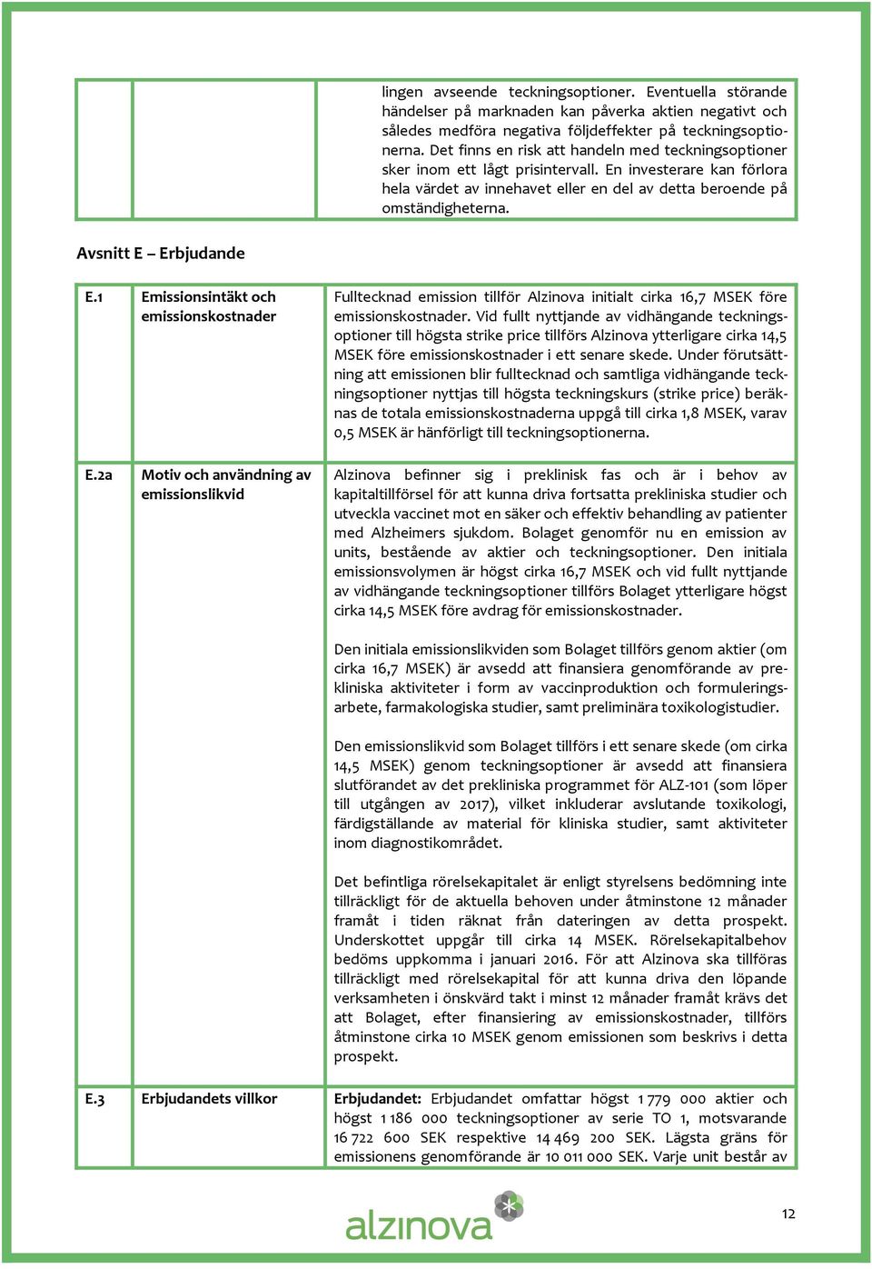 Avsnitt E Erbjudande E.1 Emissionsintäkt och emissionskostnader Fulltecknad emission tillför Alzinova initialt cirka 16,7 MSEK före emissionskostnader.