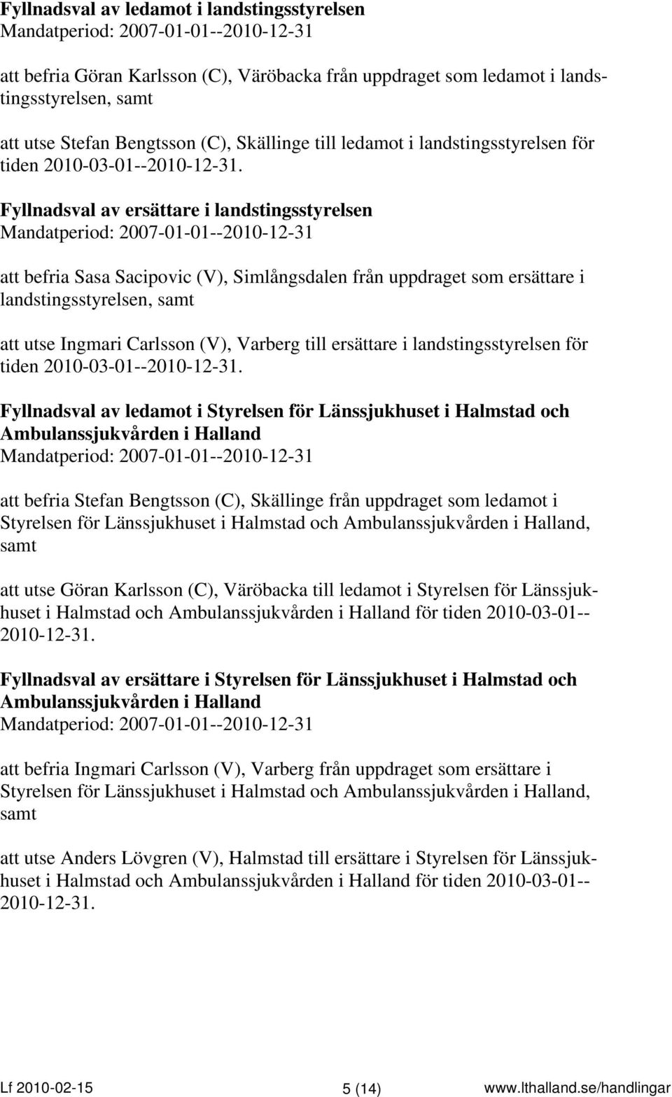 Fyllnadsval av ersättare i landstingsstyrelsen att befria Sasa Sacipovic (V), Simlångsdalen från uppdraget som ersättare i landstingsstyrelsen, samt att utse Ingmari Carlsson (V), Varberg till