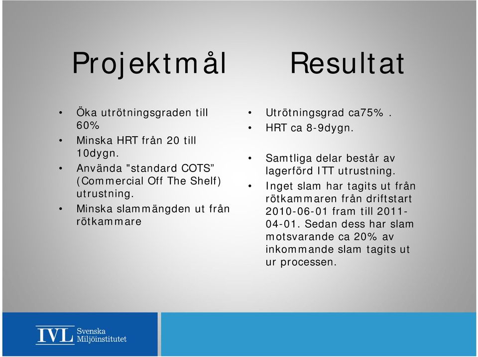 Minska slammängden ut från rötkammare Utrötningsgrad ca75%. HRT ca 8-9dygn.