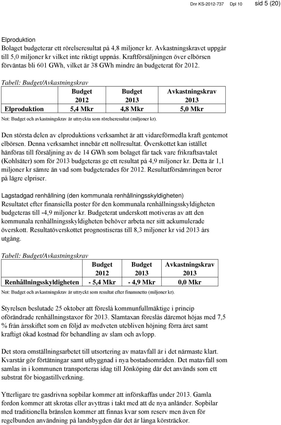 Tabell: /Avkastningskrav 2012 Elproduktion 5,4 Mkr 4,8 Mkr 5,0 Mkr Not: och avkastningskrav är uttryckta som rörelseresultat (miljoner kr).