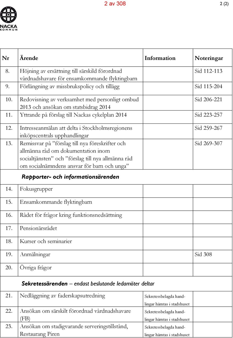 Yttrande på förslag till Nackas cykelplan 2014 Sid 223-257 12. Intresseanmälan att delta i Stockholmsregionens inköpscentrals upphandlingar 13.