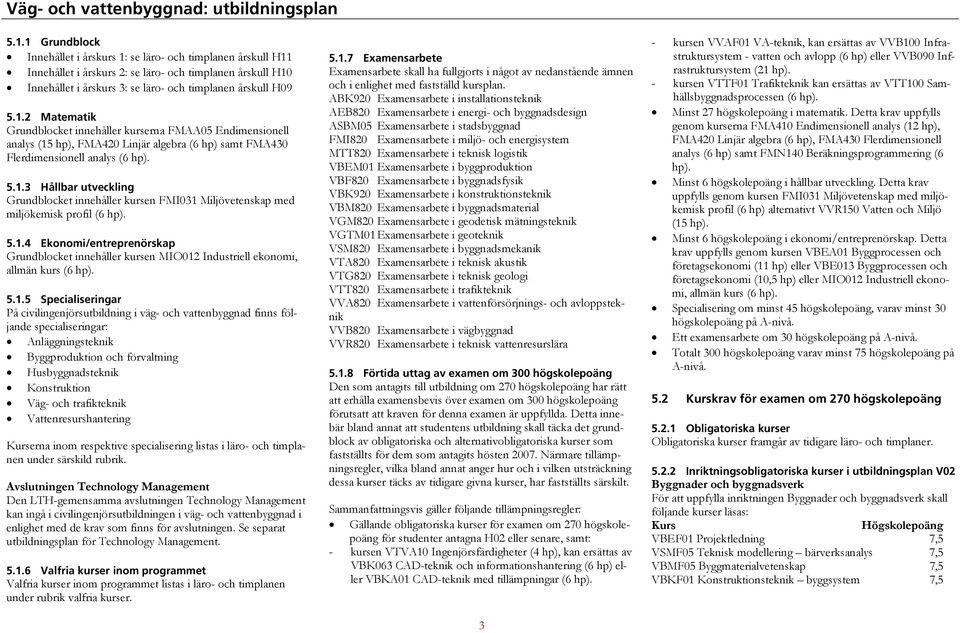 5.1.5 Specialiseringar På civilingenjörsutbildning i väg- och vattenbyggnad finns följande specialiseringar: Anläggningsteknik Byggproduktion och förvaltning Husbyggnadsteknik Konstruktion Väg- och