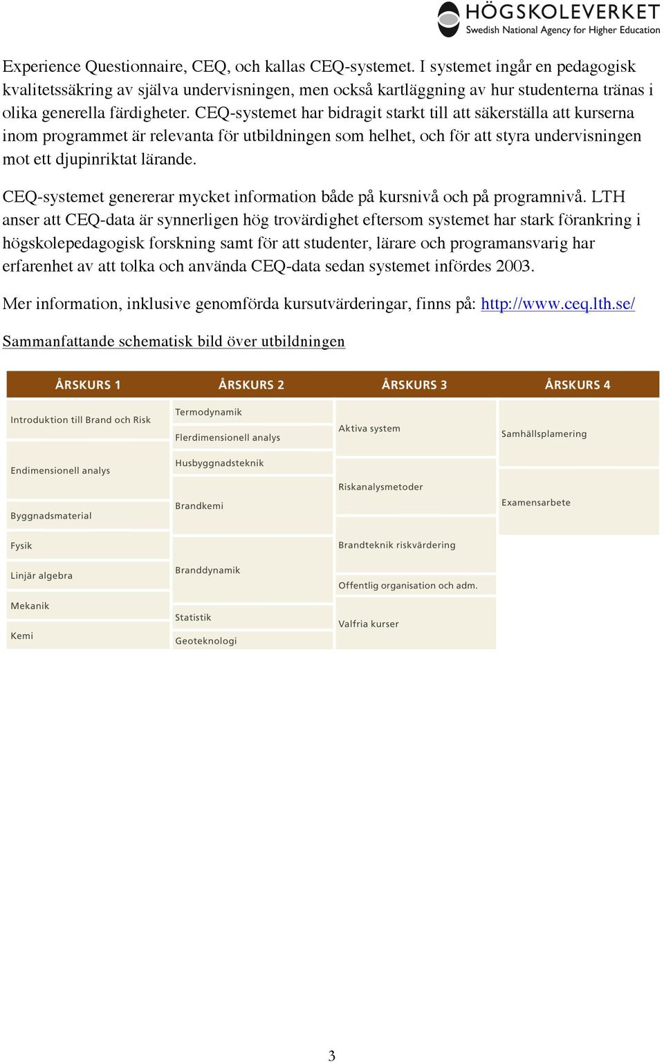 CEQ-systemet har bidragit starkt till att säkerställa att kurserna inom programmet är relevanta för utbildningen som helhet, och för att styra undervisningen mot ett djupinriktat lärande.