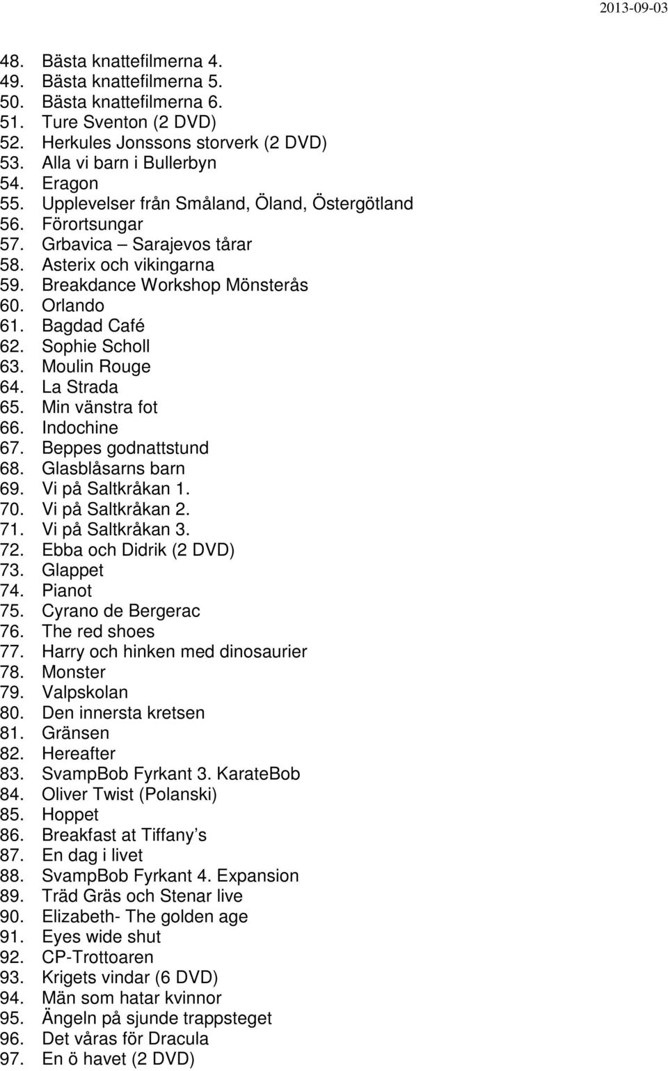 Sophie Scholl 63. Moulin Rouge 64. La Strada 65. Min vänstra fot 66. Indochine 67. Beppes godnattstund 68. Glasblåsarns barn 69. Vi på Saltkråkan 1. 70. Vi på Saltkråkan 2. 71. Vi på Saltkråkan 3. 72.
