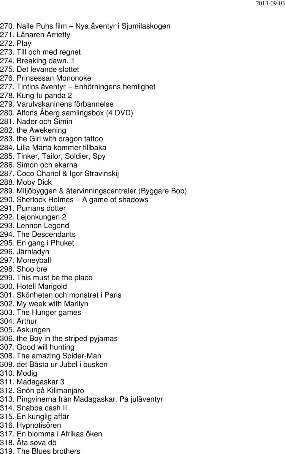 the Girl with dragon tattoo 284. Lilla Märta kommer tillbaka 285. Tinker, Tailor, Soldier, Spy 286. Simon och ekarna 287. Coco Chanel & Igor Stravinskij 288. Moby Dick 289.