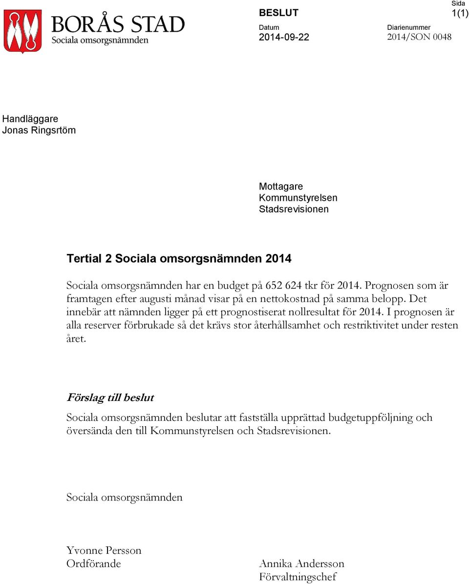 Det innebär att nämnden ligger på ett prognostiserat nollresultat för. I prognosen är alla reserver förbrukade så det krävs stor återhållsamhet och restriktivitet under resten året.