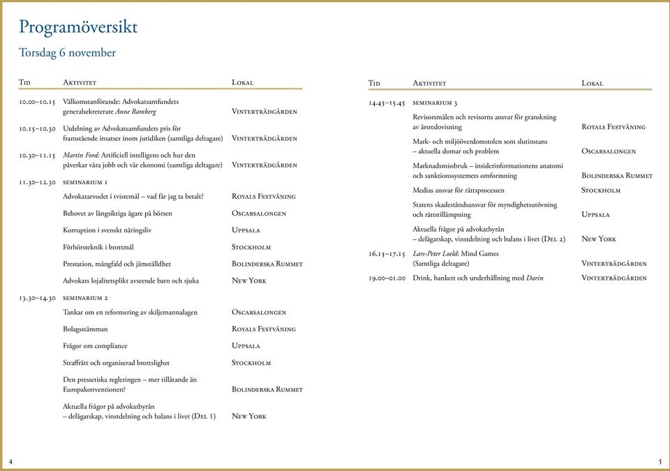 15 Martin Ford: Artificiell intelligens och hur den påverkar våra jobb och vår ekonomi (samtliga deltagare) 11.3012.30 seminarium 1 Advokatarvodet i tvistemål vad får jag ta betalt?