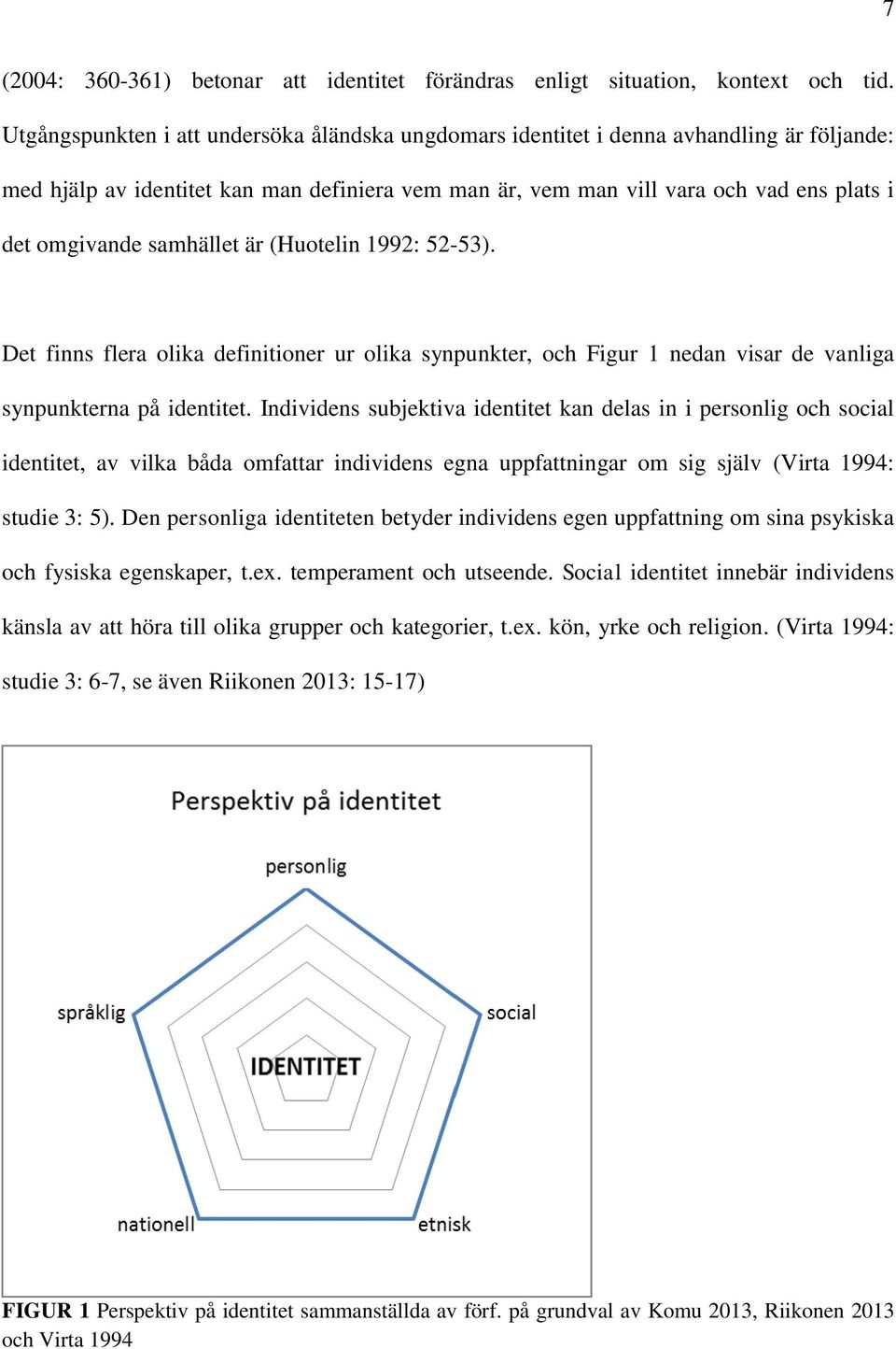 samhället är (Huotelin 1992: 52-53). Det finns flera olika definitioner ur olika synpunkter, och Figur 1 nedan visar de vanliga synpunkterna på identitet.