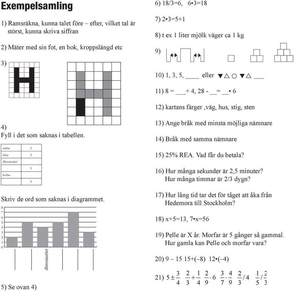 8 7 6 5 4 3 2 1 0 nallar bilar dinosaurier bollar 2 5 5 3 13) Ange bråk med minsta möjliga nämnare 14) Bråk med samma nämnare 15) 25% REA. Vad får du betala? 16) Hur många sekunder är 2,5 minuter?