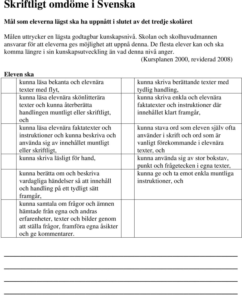 (Kursplanen 2000, reviderad 2008) Eleven ska kunna läsa bekanta och elevnära texter med flyt, kunna läsa elevnära skönlitterära texter och kunna återberätta handlingen muntligt eller skriftligt, och