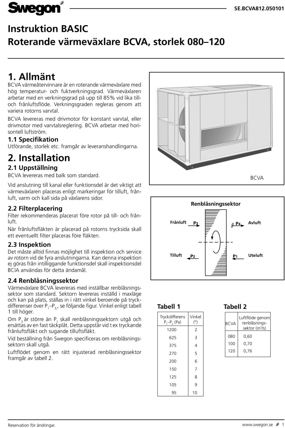 BCVA levereras med drivmotor för konstant varvtal, eller drivmotor med varvtalsreglering. BCVA arbetar med horisontell luftström. 1.1 Specifikation Utförande, storlek etc.
