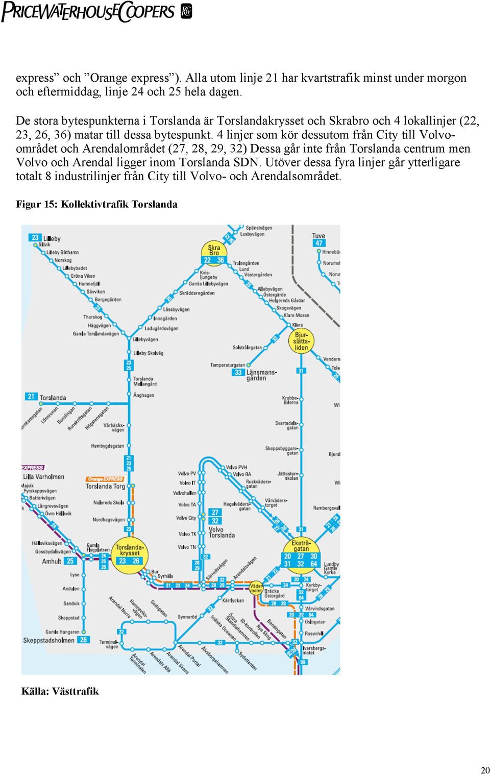 4 linjer som kör dessutom från City till Volvoområdet och Arendalområdet (27, 28, 29, 32) Dessa går inte från Torslanda centrum men Volvo och Arendal